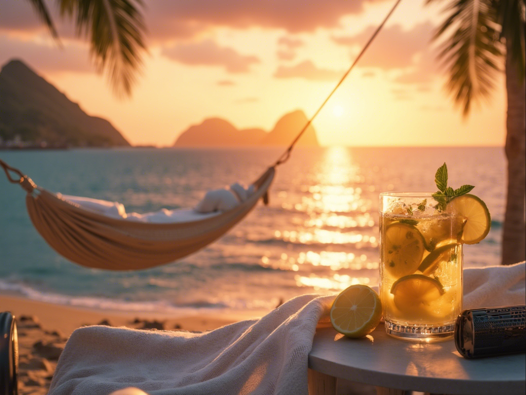 高清夕阳海景图,主体是宽阔的海面反射着温暖的日落色彩,背景是壮丽的山脉,前景摆放着高级度假元素:一个豪华舒适的吊床配有柔软靠垫,旁边现代边桌上放着一杯冰镇柠檬水,杯壁有水珠,配有新鲜柠檬片和薄荷叶,看起来非常清爽解渴,还有设计师太阳镜、新鲜热带水果拼盘和高端蓝牙音箱,整个场景笼罩在金色的夕阳光芒中